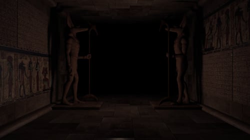 Moving Through Ancient Egyptian Tomb Corridor with Deity Statues