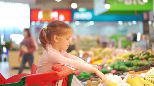 Child Little Girl 5 Years Sitting Shopping Cart in Supermarket While Mother Choose Goods to Buy It