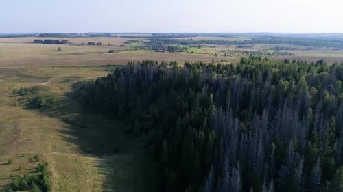 Panoramic aerial view above countryside with forests and valley between hills