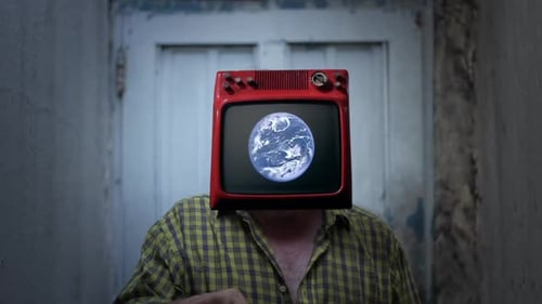 Vintage Television Head Displaying Planet Earth
