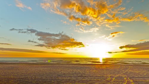 Sea Sunset With Beach And Boat