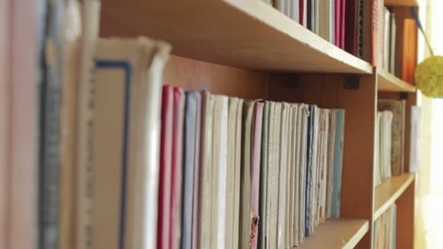 Long Hall Of Library With Wooden Bookcases