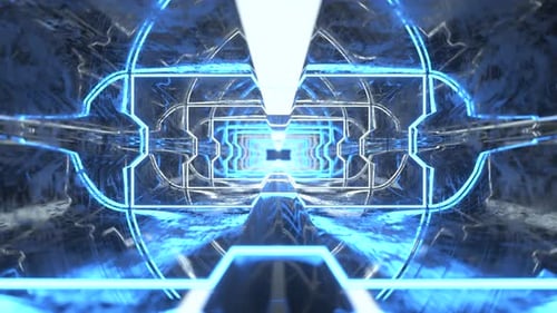 Futuristic Animation of Flying Through a Blue Tunnel with Neon Lights
