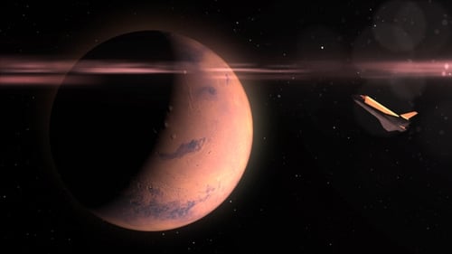 Spaceship Flying Past Red Planet with Stars and Lens Flare