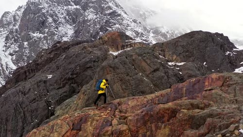 Climbers Walking Up Mountain Expedition Aerial Flight Epic Mountain Range Climb To Success Beautiful