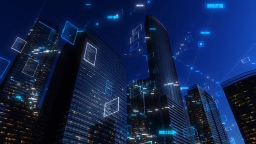 Modern City Buildings With High Tech Data Elements (Night Version) 4K