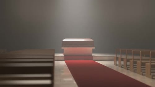 Coffin in the middle of the church in the spotlight. Funeral room before burial.