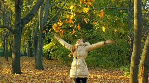 Woman Enjoys Autumn Day Tossing Leaves in Park