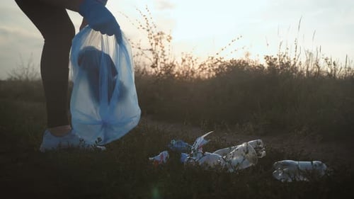 Person Cleaning up Trash in Rural Field at Sunset