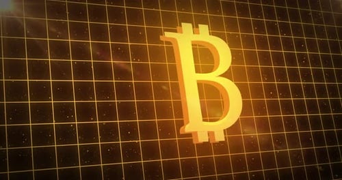 Golden bitcoin symbol over yellow grid against space