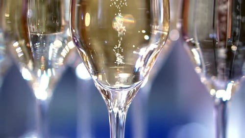champagne in wine glasses. a sparkling wine. bubbles rise. buffet table
