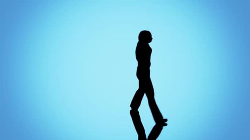 Silhouette of alone woman in the crowd of people. Zoom out. Blue background