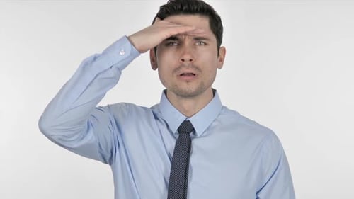 Searching Businessman Looking for New Path on White Background