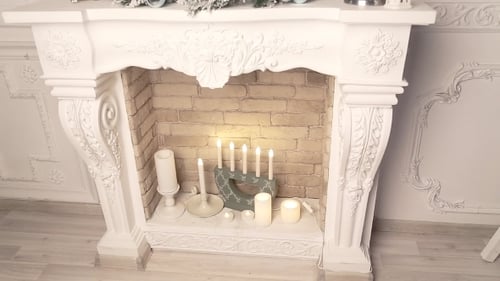 White Christmas Mantle with Candles and Decorations