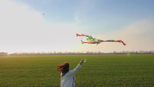 Beauty Woman Running with Kite on Green Field at Sunset