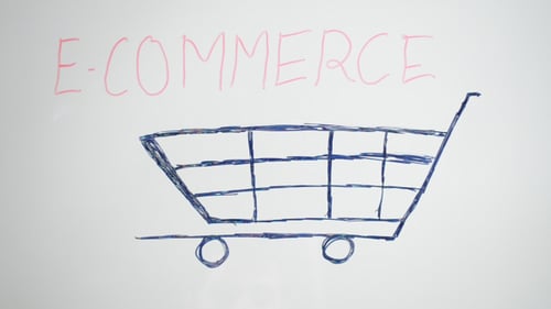 Drawing of Shopping Cart and E-Commerce Text