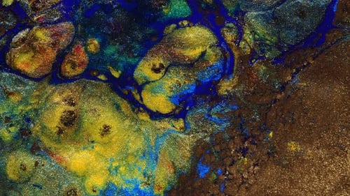 Abstract Swirls of Blue, Gold, and Green Paint