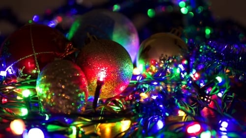 Colorful Christmas Ornaments with Twinkling Lights Close Up