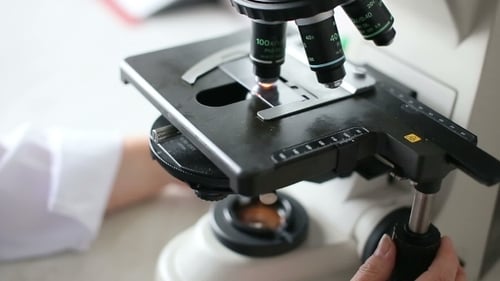 Close up of microscope during research examination