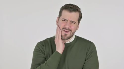 Portrait of Sick Man Having Toothache White Screen