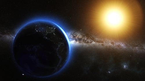 Rotating Earth and Sun with Milky Way in Outer Space