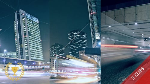 Tráfego rápido na cidade moderna à noite (pacote com 3)