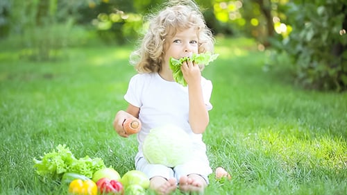 Child Plays with Vegetables on Green Lawn