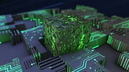 Animated Digital Circuit Board with Glowing Data Cube