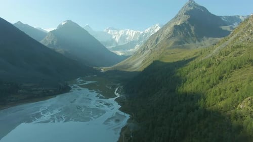 Akkem Lake and Altai Mountains in Summer Morning. Russia. Aerial View