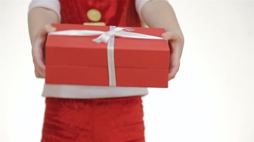 Red Gift Box Held by Santa Claus Figure