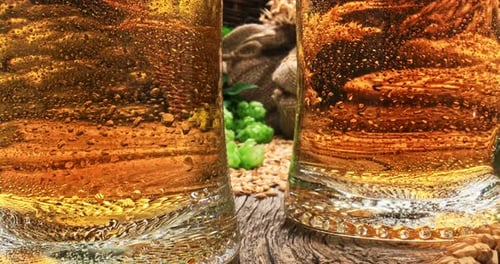 Cerveja gelada em canecas. Ingredientes para cerveja. Lúpulo e malte.