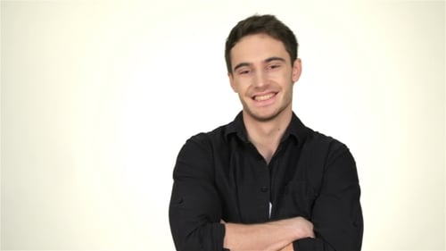 Smiling Young Man with Black Shirt on White