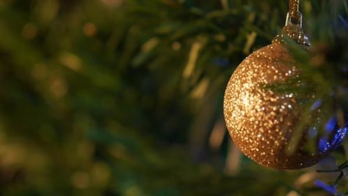 Golden Christmas Ornament on Decorated Christmas Tree