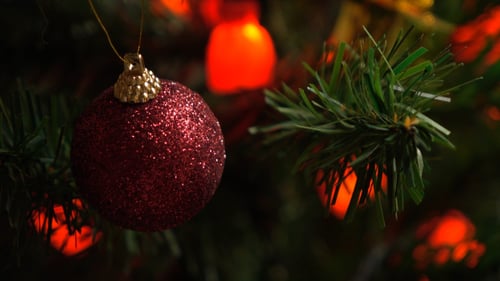 Red Glittery Christmas Ornament Hanging on Tree Branch