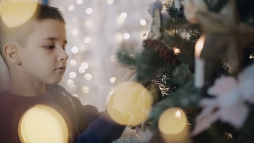 Young Boy Decorating Christmas Tree at Home