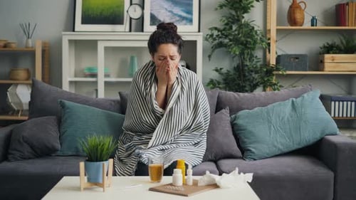 Woman Sick with Cold Wrapped in Blanket on Couch