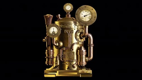 Animated Steampunk Machine with Moving Gauges and Gears