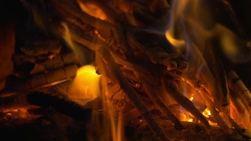 Holzstäbchen am Feuer und Asche im Kamin
