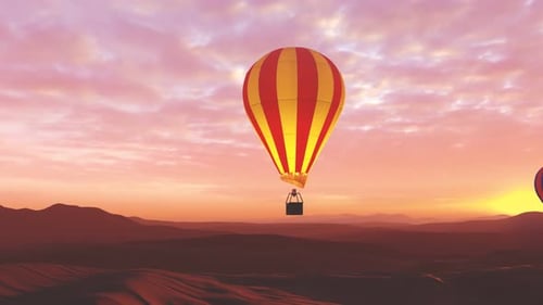 Colorful hot air balloons flying above desert mountain landscape during sunset.