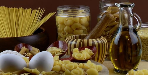 Pasta Ingredients: Eggs, Flour, and Assorted Noodles