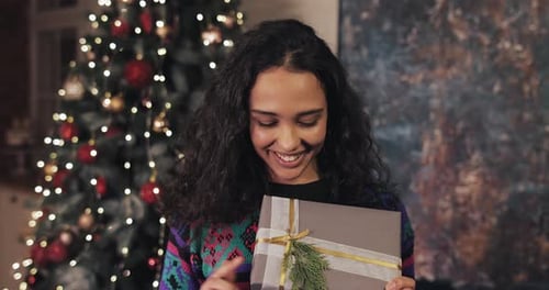 Smiling Young Woman Holding Christmas Gift