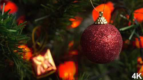 Red Christmas Ornaments and Twinkling Lights