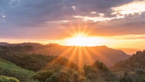 Wunderschöner Sonnenaufgang über den Wildwaldbergen am Sommermorgen in der neuseeländischen Natur