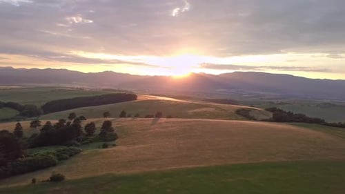 Golden Sunset in Rural Landscape Aerial Panoramic View
