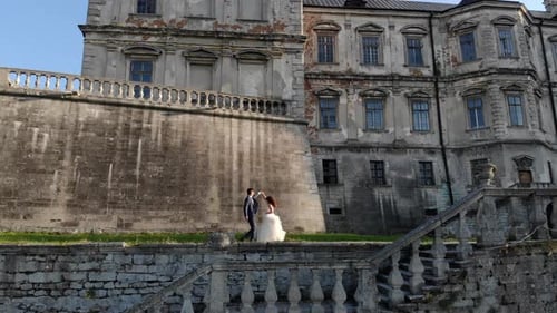 Happy Newlyweds in the Park on the Background of the Castle Perform a Dance, Happy Family on Wedding