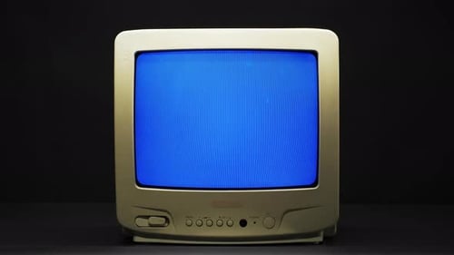 Old Retro Square Television with Blue Screen on Black Background