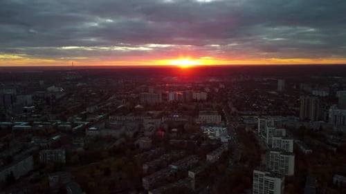 Kharkiv city center streets, aerial view at sunset