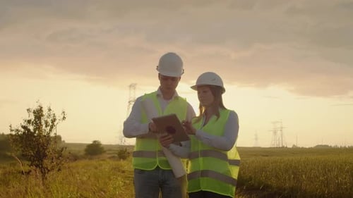 Technik Arbeiten am Hochspannungsturm Überprüfen Sie die Informationen auf dem Tablet-Computer Zwei Mitarbeiter