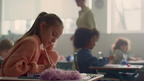 Elementary Students Studying Together in Classroom