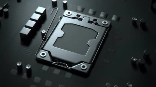 CPU in the slot with glowing orange symbolic data streams or electrical signals.